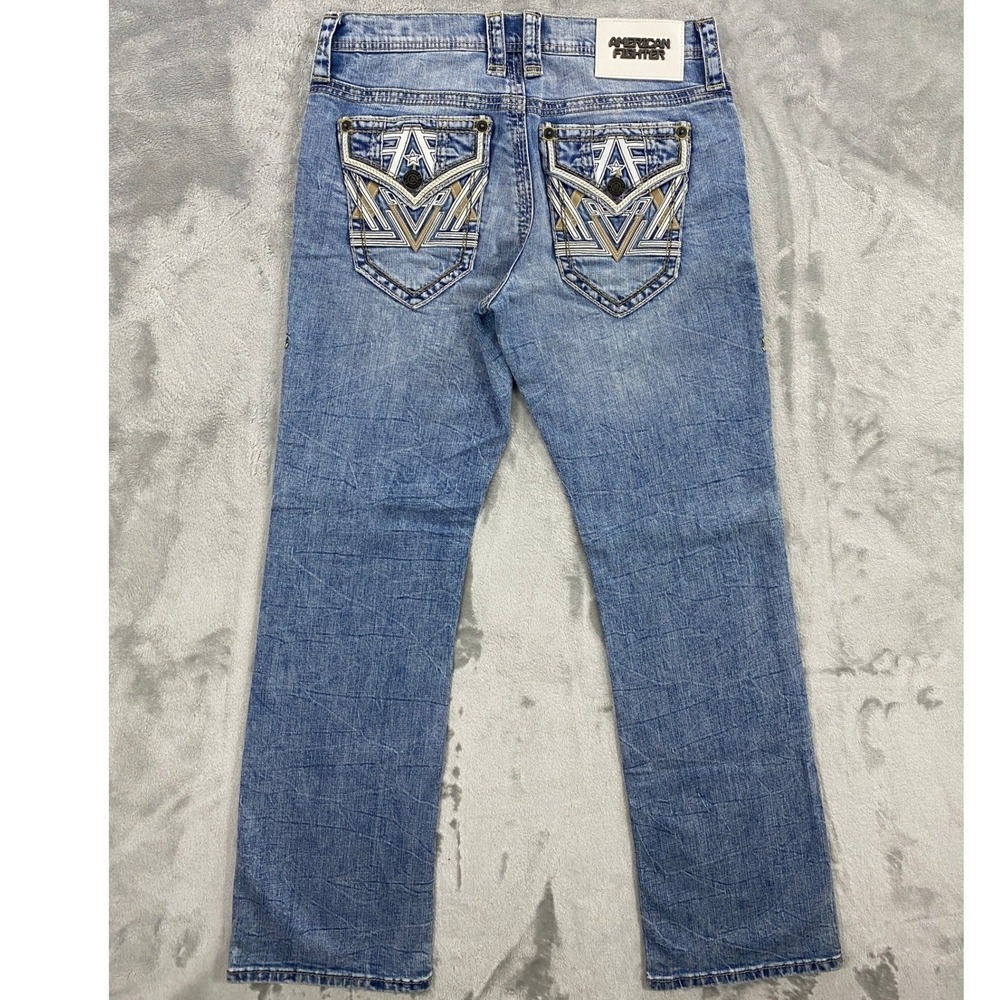 American Fighter Heritage Flap Pocket Boot Cut Jeans Men 31x32 Blue Embroidered